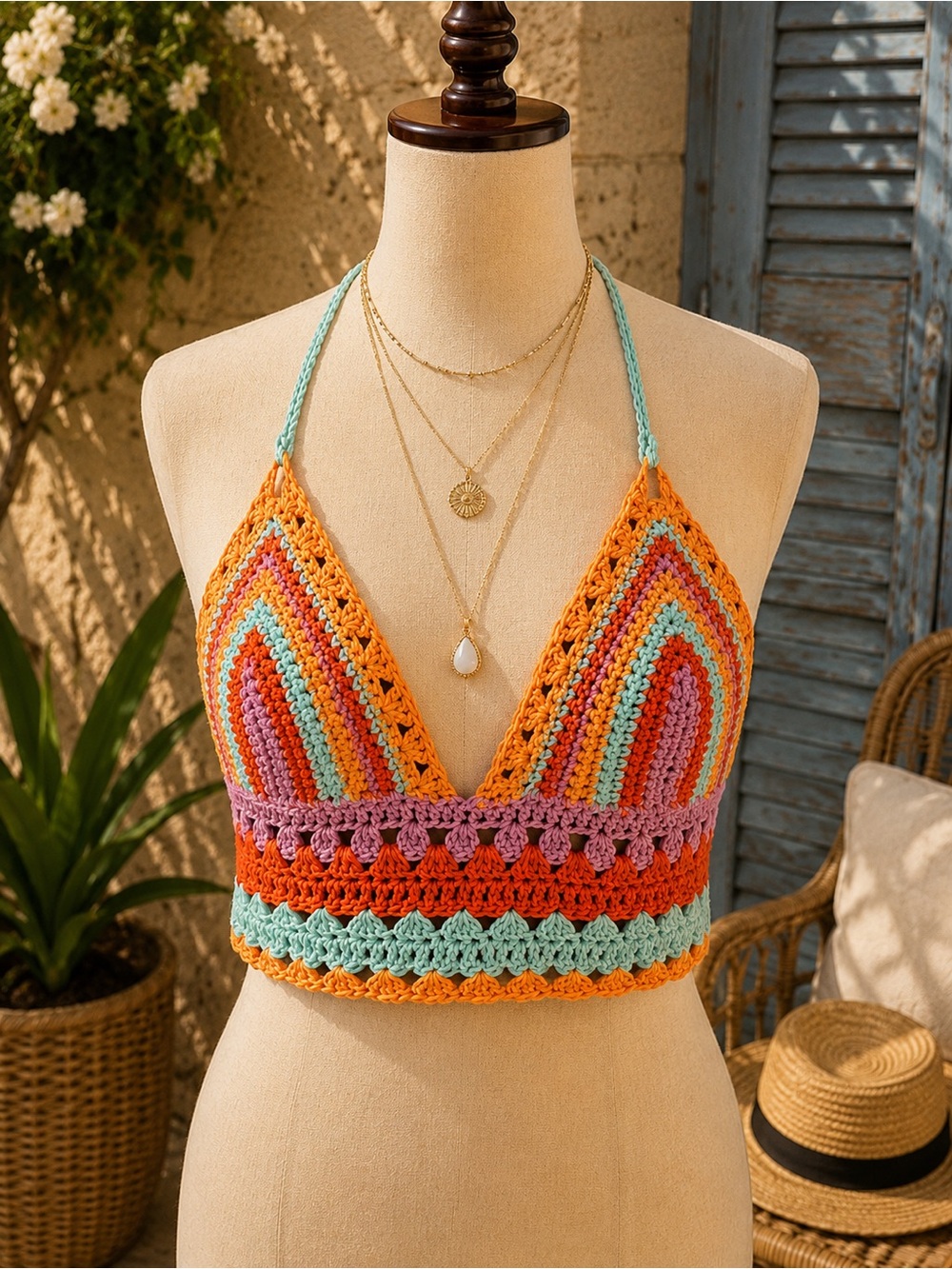 Boho Crochet Camisole in Orange, Pink & Aqua